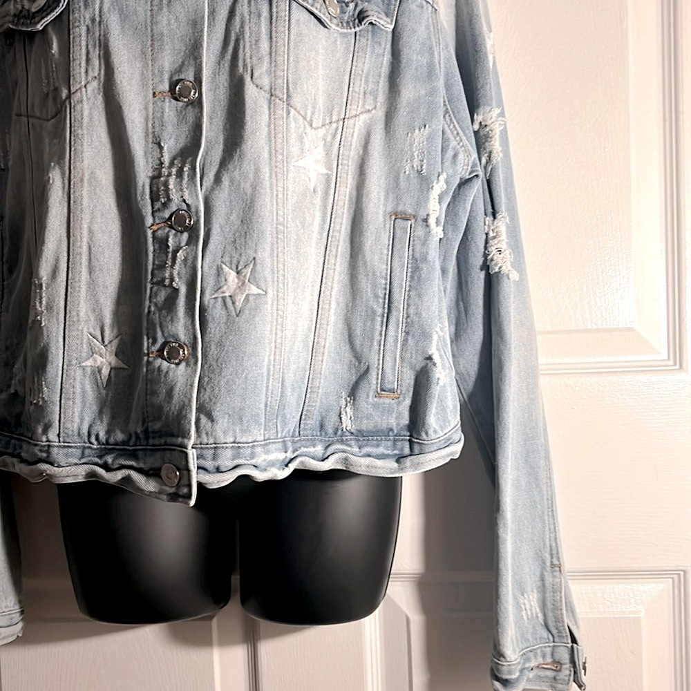 🔴 CLEARANCE🔖 ANGEL KISS EMBROIDERED STARS RIPPED DESTROYED DENIM JEAN JACKET 1X - Picture 8 of 12